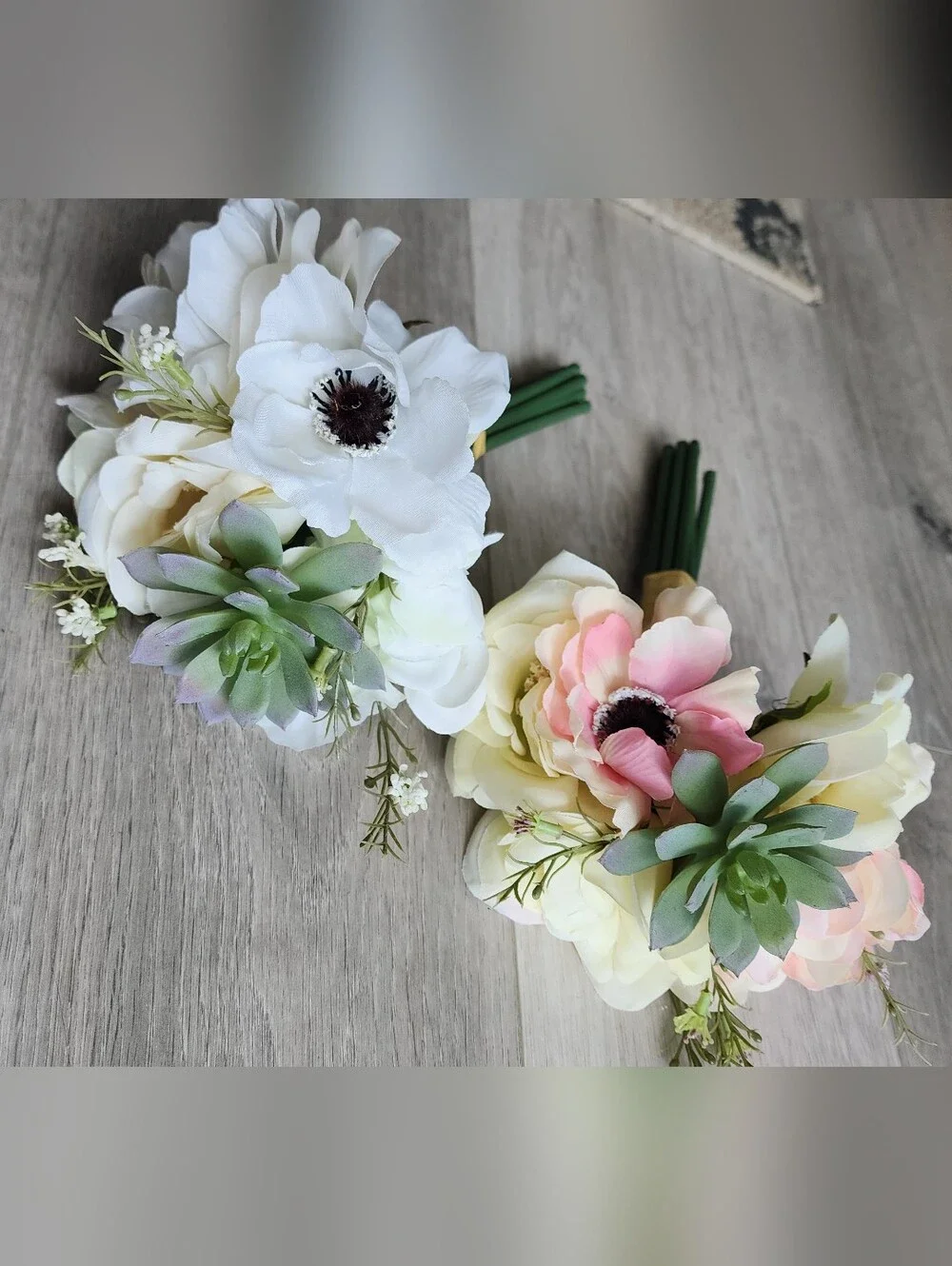 Set of 2 Faux Floral Bouquets with Anemones and Succulents
